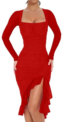 Women's Elegant Ruched Bodycon Midi Cocktail Dresses,XL,Red