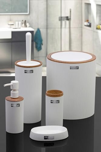 Okyanus Home Badezimmerset - Modernes Holz-Optik Zubehör-Set - Weiß - Kunststoff - Lackiert oder Poliert - Seifenschale, Zahnbürstenhalter, Lotionsflasche, Mülleimer, Toilettenbürste