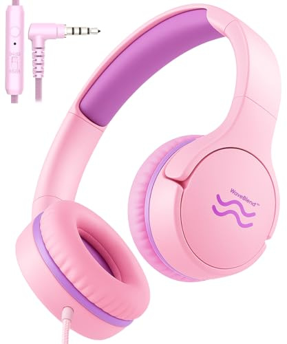 WaveBlend Wired Kids Headphones with Mic, 85/94dB Safe Volume Control, Foldable On-Ear Headset for School, Travel, Tablet & Laptop, 3.5mm Jack, Pink & Purple
