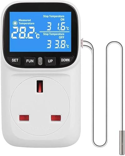 Digital Temperature Controller, LCD Screen Heating Cooling Temperature Switch, Thermostat Outlet Socket with Sensor, 230V Digital Thermostat for Greenhouse Farm Terrarium Reptile,Home