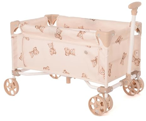 Roma Teddy Toy Wagon with Adjustable Handle, Cute Cream and Teddy Pattern, Kids Toys Baby Doll Pram, Lightweight Foldable Seat for Dolls Up to 42cm, Indoor/Outdoor Play, Ages 3+