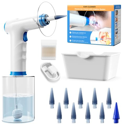 KAUGIC Electric Ear Wax Removal - Ear Cleaner Kit with Cotton Swabs, Blue | 500ML Big Water Tank, 9+1 Silicone Tips, 4 Pressure Modes, Safe and Effective Ear Irrigation Flushing System with Catch Basin