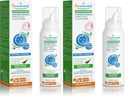 Puressentiel Respiratoire – Spray Hygiène Nasale Bébé – Nettoyage du Nez en douceur – Spray Isotonique 100 pourcent naturel – Eau de mer de Bretagne & Aloe Vera Bio – Dispositif médical – 120ml