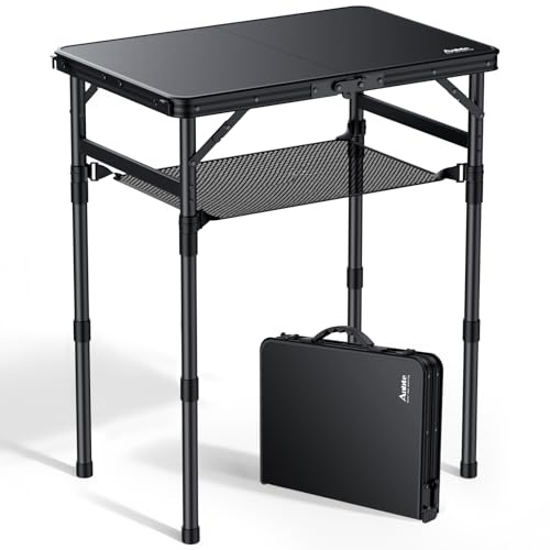 Anbte Mesa de Camping Plegable 58x40x 26/48/70 cm Alturas Regulables, Estructura de Aluminio y Tablero de Plástico, Mesa de Picnic con Red de Almacenamiento para Jardín y Camping Color Negro