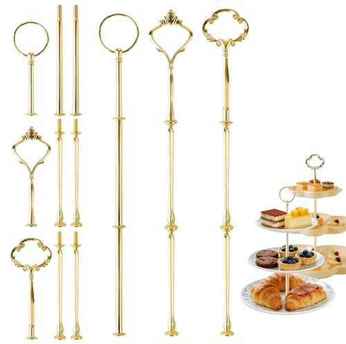 FRUHLING Dtangen Lot de 3 présentoirs dorés - 2 à 3 étages - Barres métalliques - Support pour gâteau de mariage - Plateau à fruits - Assiette à collation (plaque non incluse)