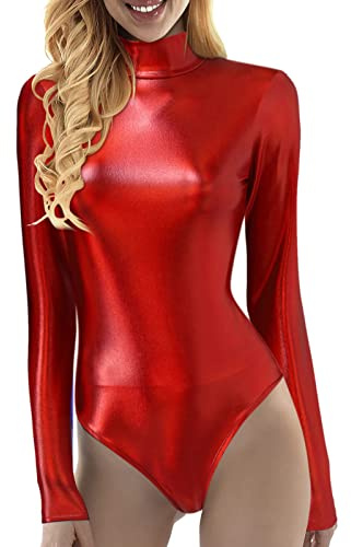 Generico Body da Danza Donna Tuta Sportiva Abito Bodysuit Metallico Leotard Balletto Canotta Top per Donna Body da Donne Metallizzato Lucido A Collo Alto per Costume Show (Red, S)