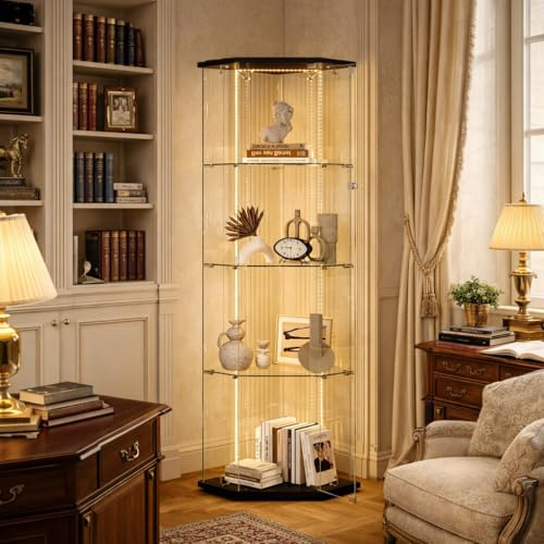 Vitrina de esquina de cristal con LED, vitrina de pie, vitrina coleccionable, vitrina de cristal con 1 puertas y 4 niveles, vitrina de pie, vitrina para salón, dormitorio (negro + banda de luz)