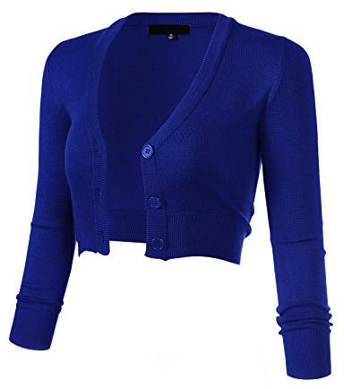 Allsense Women's 3/4 Sleeve Cropped Bolero Shrug Button Down Cardigan Sweater Lightweight Knit, Solid Royal Blue, M