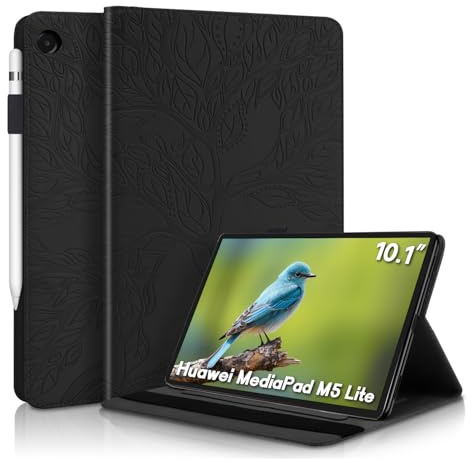 Aswant Huawei Mediapad M5 Lite 10 Hülle Geprägter Baum PU PU Leder Brieftasche BookStyle Flip Cover Stand Kartensteckplatz Tablet Schutzhülle Für Huawei Mediapad M5 Lite/C5 10.1 Zoll 2018 - Schwarz