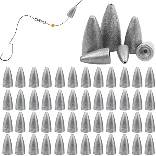 Fishing Weights Sinkers, 50pcs Bullet Fishing Sinkers Worm Weights Slip Sinkers Sliding Fishing Weights for Bass Fishing Pitching and Flipping Texas Rigs Saltwater Freshwater Fishing Tackle