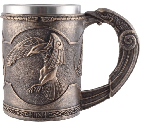 VOGLER Joh. Vogler GmbH Wikingerkrug Hugin und Munin, aus Kunststein angefertigt und Künstlerhand mit Bronzefarbe bemalt, mit herausnehmbaren Stahleinsatz mit 600 ml Volumen