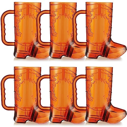 Sieral 6 Pcs Cowboy Boot Cups 16 oz Brown Plastic Boot Shot Glasses Drink Cups with Handle for Cowboy Cowgirl Western Theme Party Supplies