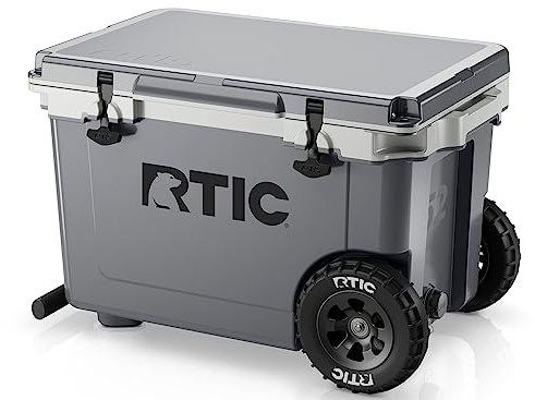 RTIC 52 Quart Ultra-Light Wheeled Hard Cooler Insulated Portable Ice Chest Box for Beach, Drink, Camping, Picnic, Fishing, Boat, Barbecue, 30% Lighter Than Rotomolded Coolers, Dark Grey & Cool Grey