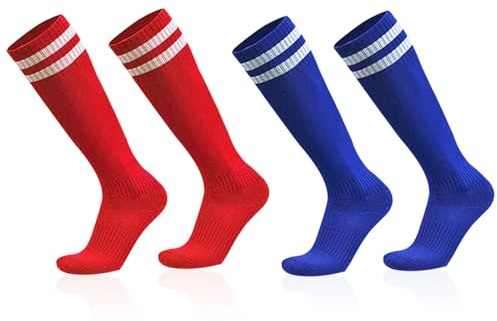 SKHAOVS 2 Paia Calzettoni Calcio Lunghi Bambino Calze Lunghi Calcio per Ragazzi Ragazze, Calzini Sportivi Allenamento Alti Ginocchio, Calzini da Basket Rugby Hockey per 5-12 Anni (Red,Blue)