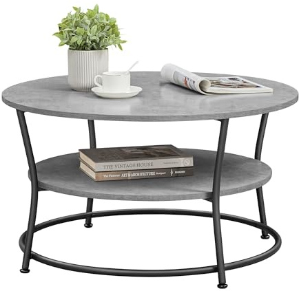 VASAGLE Couchtisch rund, Wohnzimmertisch, Sofatisch mit Ablage, einfacher Aufbau, Metall, Industrie-Design, betongrau-tintenschwarz LCT080G78