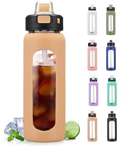 BLUEGO 700ml Glass Water Bottle with Handle and Straw Drinking Hydration Bottle with Silicone Sleeve and Time Marking Motivational Water Bottle for Gym Sports Outdoor Leak-proof,Amber