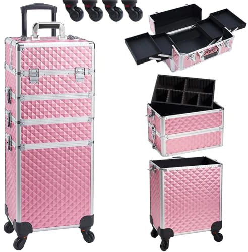 BAKAJI Trolley Make Up 4 in 1 Professionale con Trama Oleografica a Triangolare, Beauty Case Estetista Portatile, Valigia Porta Trucchi con Ruote Staccabili, Valigetta Organizer Makeup Viaggio (Rosa)