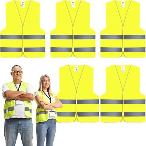 5 Packs Hi Vis Vests, High Visibility Jackets Standard Size, Hi-vis Reflective Safety Vest for Men, Women, Neon Yellow/Green Colour, for Traffic Work, Construction, Running, Security, Guard, Unisex
