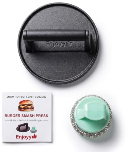 Free Cleaning Brush Enjoyy 16cm (6.3) Black Cast Iron Smash Burger Press, 900g Heavy-Duty Pre-Seasoned Meat Smasher with Heat-Resistant Handle for Griddle, Bacon, Steak & BBQ Grill