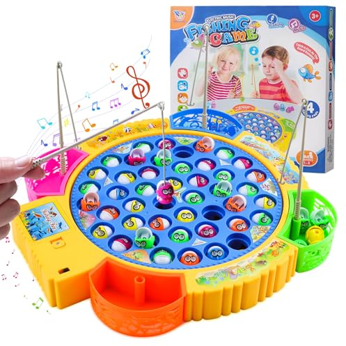 Qingning Juguete de Pesca Niños con 45 Peces y 4 Tiras de Caña, Juego de Pesca Magnético con Musica, Giratorio, Juego de Mesa Juego Educativo Montessori Regalos de Cumpleaños para Niños de 3-6 Años