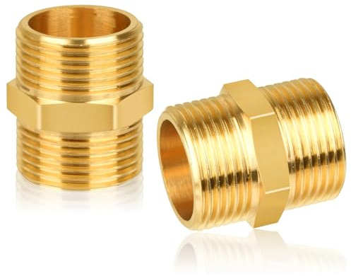 QZKJQDD 2 Pcs Thread Brass Hex Nipple Connector, 3/4 Male to 3/4 Male, Hex Nipple Pipe Fittings, Thread Connector for Pipe Connecting Conversion