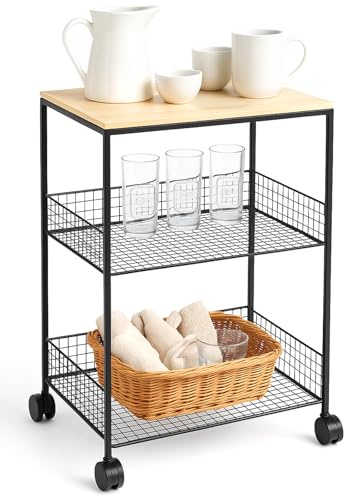 3-Tier Metal Storage Trolley with Lockable Wheels, Black, 42×30×60 cm, Kitchen Storage Cart with Worktop Vegetable Rack Organizer for Bathroom, Office, Bedroom