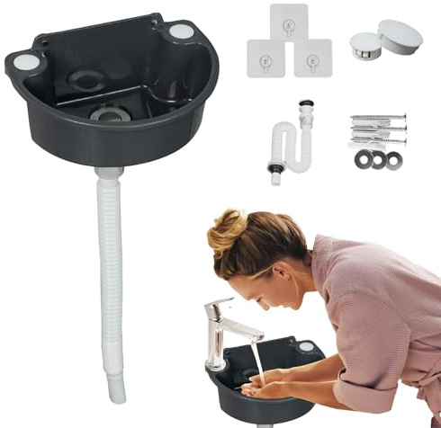 Ausgussbecken Kunststoff, Camping Waschbecken Wandmontage mit 75cm Abläufe Grau Halbkreis Waschbecken für Gäste WC Badezimmer Camping Garten Keller Baustellen 31x21x10.5cm