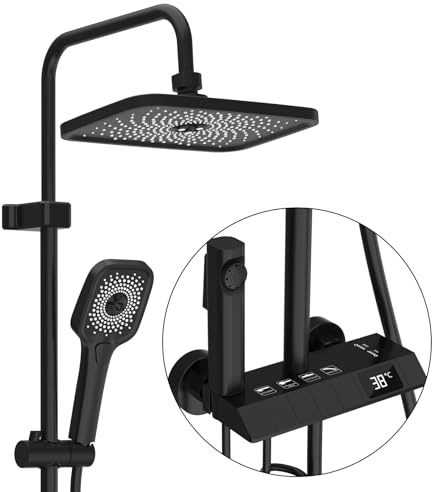 LADOKEE Duschsystem mit Armatur, 4 in 1 Duschset mit Regendusche 30x20cm, 3-Wassermodi-Handbrause, Intelligentes Bedienfeld, Höhenverstellbar, Duscharmatur Komplettset für Badezimmer, Schwarz