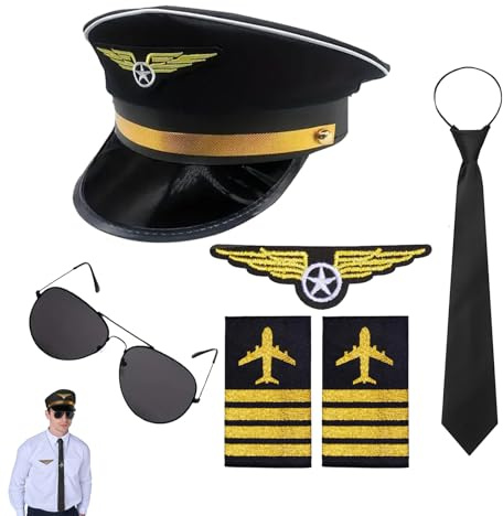BICUIYIT Accesorios de traje de capitán piloto, incluye sombrero, gafas de sol, corbata e insignias para fiestas, carnaval y cosplay (Negro)