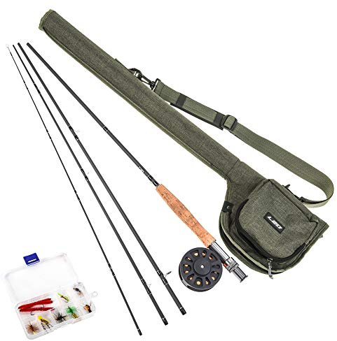 Aumotop Set Combinato Canna da Pesca e Mulinello con 10 Mosche e Borsa di Stoccaggio Kit da Pesca a Mosca per Principianti (28010-TA7)
