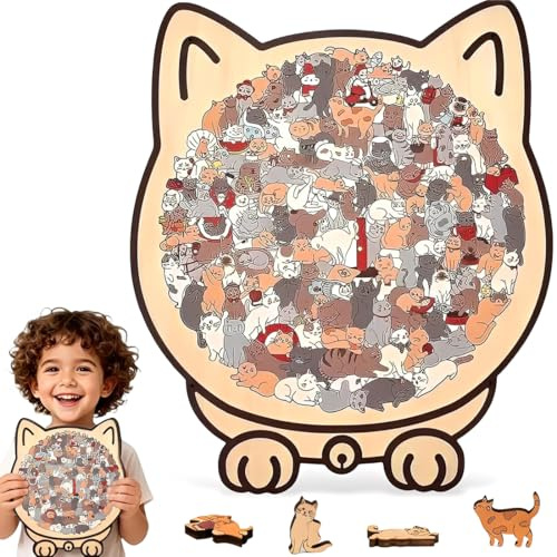 Puzzle Chat, Puzzle en Forme de Chat, Puzzle en Bois, Puzzles Animal Irrégulier Amusant, Puzzle Chat Bois, Encadré par des Contours de Chats Enchanteurs, Convient aux Adultes et Enfants