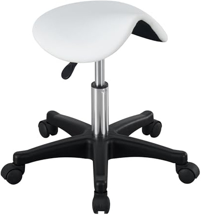 LQVAIPT Sgabello con rotelle a sella Sedia da ufficio con rotelle regolabile in pelle PU Sedia a sella con ruote Sedia da salone, for massaggi, cucina domestica for ufficio(White)