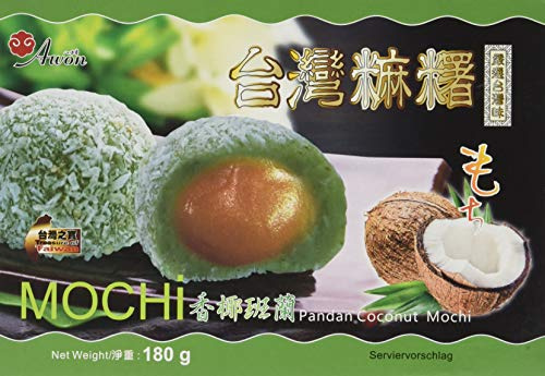 AWON Mochi Kokosnuss Pandan, kleine Klebreiskuchen, als Nachtisch oder als süßer Snack zwischendurch (4 x 180 g mit 6 Mochis pro Packung)