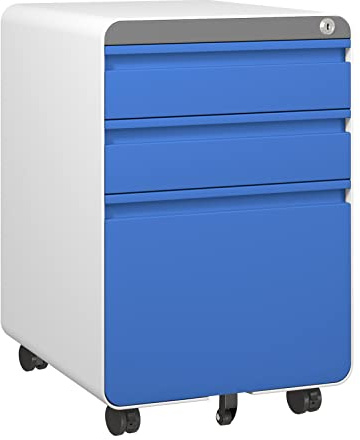 Dripex 3-Drawer Mobile Filing Cabinet, Lockable, Blue | Pre-Assembled, Steel Construction, Hanging File Rails A4/Letter/Legal File, Lockable Swivel Castors, Anti-Tilt Design