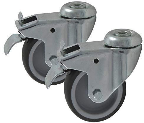 2 Stk. Apparaterollen 75 mm Ø Rad aus Gummi grau, mit Bremse Stopper Blocker, Befestigung Rückenloch, Lenkrolle Drehrolle schwenkbar (75 mm)