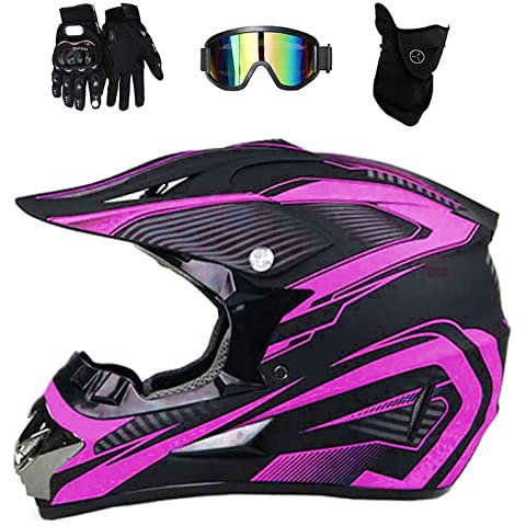 Motocross Helm Damen, Schwarz und Lila, Motorrad Cross Helm mit Brille/ Handschuhe/ Maske, Crosshelm Kinder Fullface MTB Helm Mopedhelm Motorradhelm für Offroad Enduro Downhill Pocket Dirt Bike,M