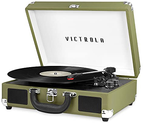 Victrola Journey Bluetooth Portable Suitcase Record Player – with Built-in Speakers, 3 Speed Vinyl Record Player, RCA Out, Headphone Jack (Green Olive)