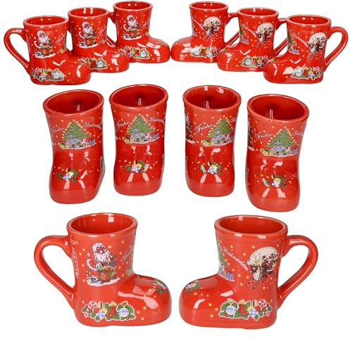 MamboCat Lot de 12 bottes de vin chaud rouges avec anse I 200 ml calibré I Gobelets à vin chaud avec décoration de Noël et inscription pour 12 personnes I Tasse en céramique pour thé, lait de poule,