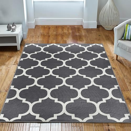 Imperial Rooms Rugs for Bedroom - Rugs Living Room Large 200x290 Cm Modern Floor Carpet Trellis Style Non Shedding Durable Super Soft Ava Grey Area Rug Easy to Clean
