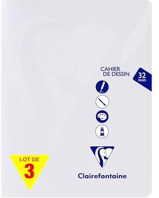 Clairefontaine 308780AMZC Un Lot de 3 Cahiers Agrafés Dessin Mimesys Incolores- 17x22 cm - 32 Pages Unies Blanches - Papier à Dessin 125 g - Couverture Polypro