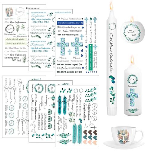 BYTLXM Kommunion Kerzentattoos, 6 Blätter Konfirmation Aufkleber Kerzen, Kerzentattoo Wasserschiebefolie,kerzen tattoo kommunion für Erstkommunion Taufe Konfirmation Deko