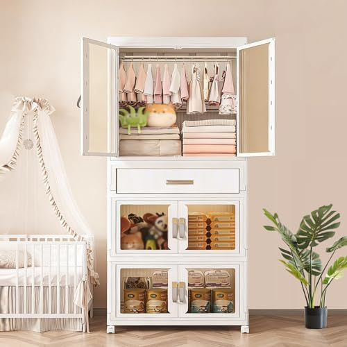 XIMSPHY Portable Kids Wardrobe, Plastic Closet Organizer with Hanging Rod, Collapsible Wardrobe Closet Storage Cabinet for Bedroom, Easy to Install (White, Large)