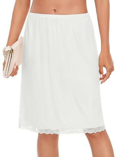 Vlazom Women's Petticoats Lace Hem Short Half Slips Soft Modal Waist Slips A-line Underskirt for Under Dresses White,L