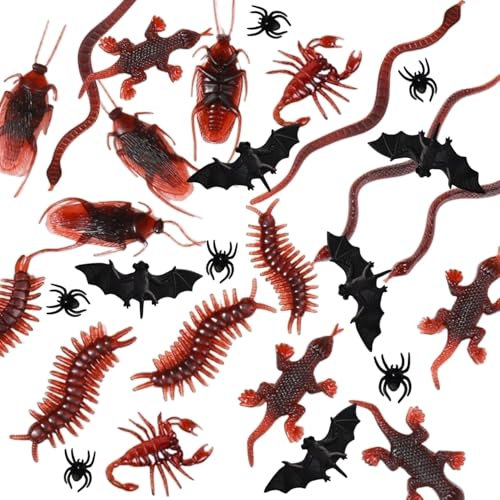 Tokaneit 54 Pieces Jouet Realiste Faux Bogues, Minis Insectes d'halloween, Plastique Jouet Insecte, Roaches Araignées Scorpions Geckoes Centipedes Flies Bats, Creepy Décorations Fournitures