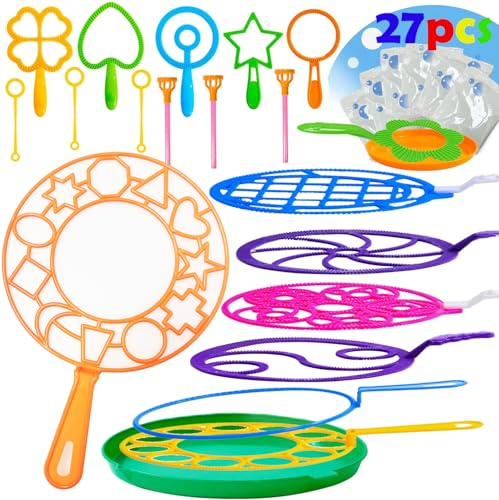 GIFTEXPRESS Deluxe 27pcs Big Bubble Wands Assortment with Solution Set for Kids- Assorted Sizes Bubble Makers, Trays & Solution for Kids Party Favor Bubble Toys, Outdoor Summer Fun Pool Party