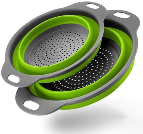 Faltbarer Seiher Sieb, 2 Stück Silikonfilterkörbe, Nudelsieb, Filterkorb Sieb Seiher Set Küche Silikon Klappbar Sieb Klappbar Abtropfsieb für Nudeln Obst Gemüse(Grün)