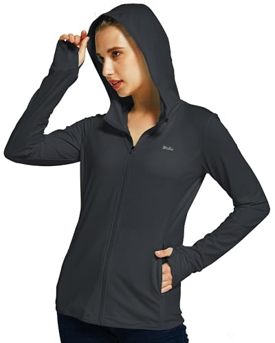 WILLIT Veste de course pour femme - Veste de sport manches longues - Protection solaire - Sweat à capuche - T-shirts UV - UPF 50 - Veste légère - Yoga - Fitness - Sport - Randonnée - Avec poches, Noir