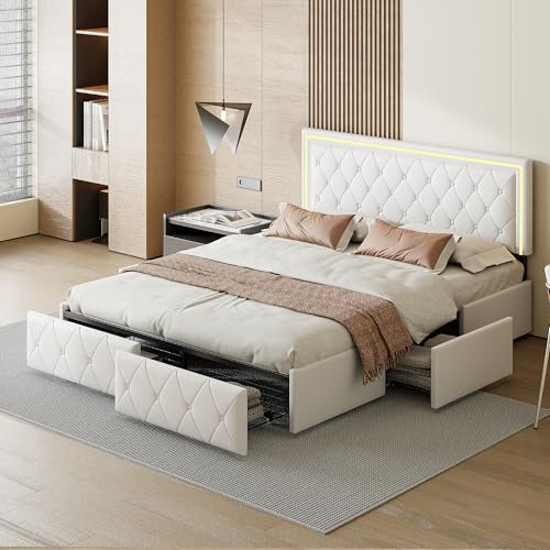 Cama tapizada de 160 x 200 cm con iluminación LED, cama doble con 4 cajones de almacenamiento, marco de cama doble con somier de láminas, cama cajón, cama de 2 personas, sin colchón, PU,Beige y blanco