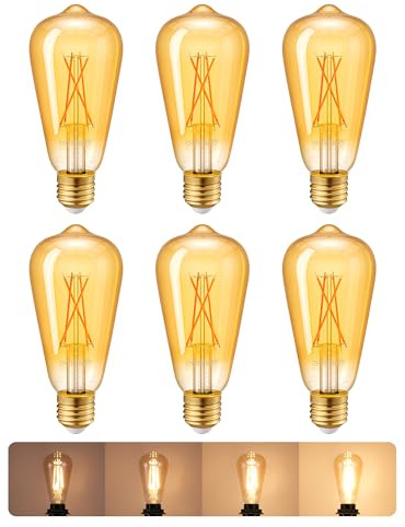 EDISHINE E27 Edison Screw Bulb Dimmable, LED ST64 Vintage Filament Bulb, 6.5W 2200K, Antique Style Retro Amber, Energy Saving for Floor/Table Lamp, Wall Sconces, 700LM, 6 Pack