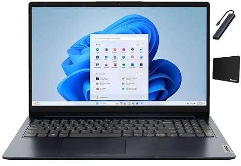 Lenovo IdeaPad 1 15.6 HD Laptop, Intel Celeron N4500, 12GB DDR4, 128GB eMMC, Windows 11HS, One-Year Microsoft Office 365, Abyss Blue with Accessories
